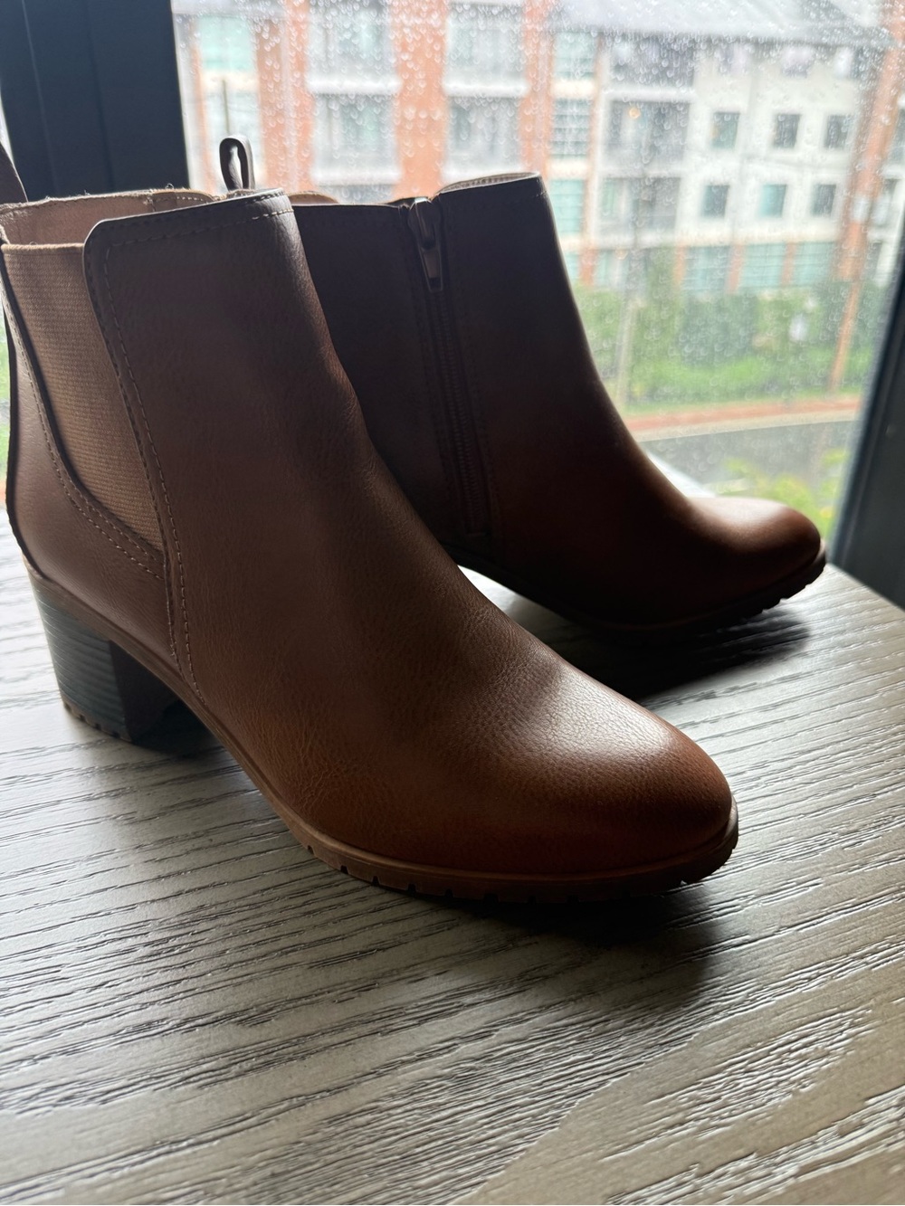 Life Stride Brown Leather Ankle Booties with Low Block Heel